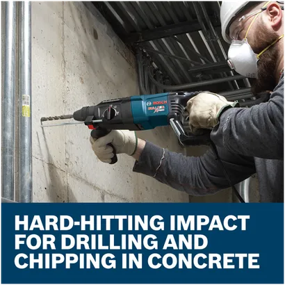 Features/Claims image of Bosch 11255VSR SDS-plus® Bulldog™ Xtreme 1 In. Rotary Hammer with application and text on blue background.