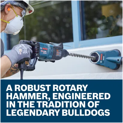 Features/Claims image of Bosch 11255VSR SDS-plus® Bulldog™ Xtreme 1 In. Rotary Hammer with application and text on blue background.