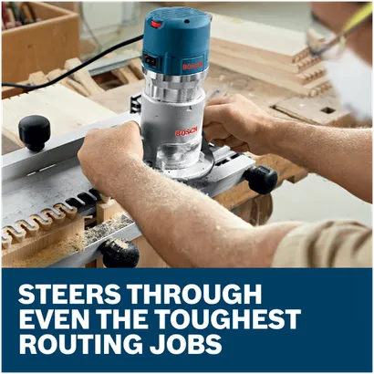 Features/Claims image of Bosch 1617EVS 2.25 HP VS Fixed-Base Router with application and text on blue background.