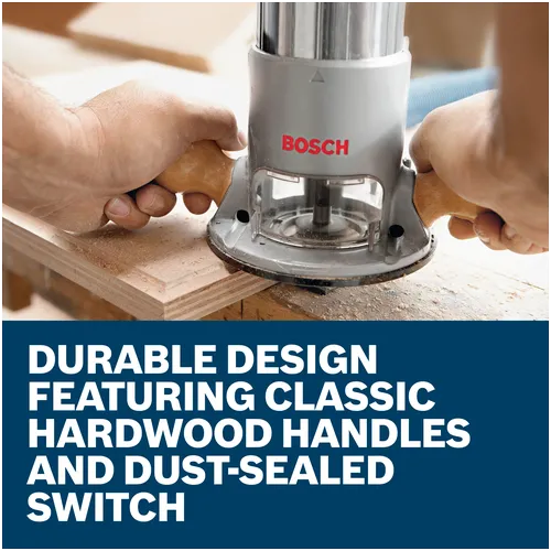 Features/Claims image of Bosch 1617EVS 2.25 HP VS Fixed-Base Router with application and text on blue background.