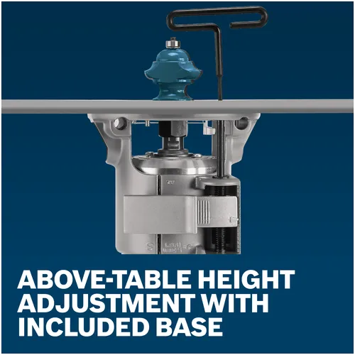 Features/Claims image of Bosch 1617EVS 2.25 HP VS Fixed-Base Router with application and text on blue background.
