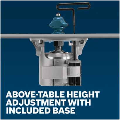Features/Claims image of Bosch 1617EVS 2.25 HP VS Fixed-Base Router with application and text on blue background.