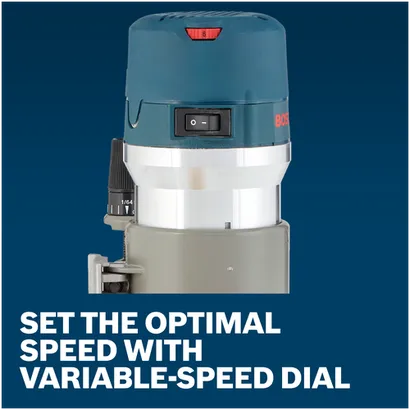 Features/Claims image of Bosch 1617EVS 2.25 HP VS Fixed-Base Router with application and text on blue background.