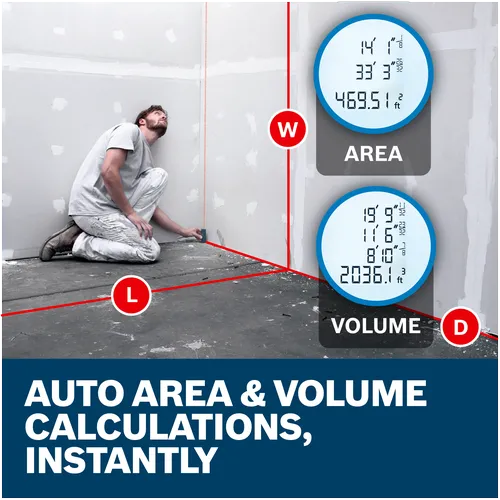 Features/Claims of Bosch GLM165-40 BLAZE™ Pro 165 Ft. Laser Measure with applications and text.
