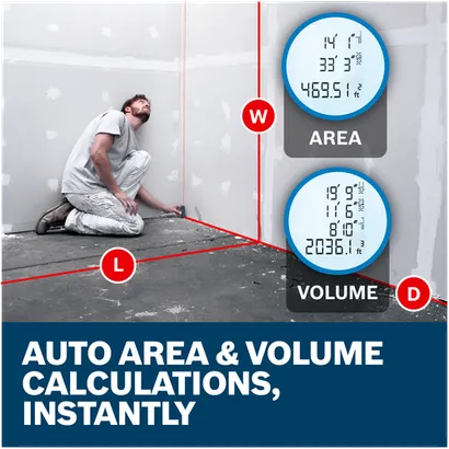 Features/Claims of Bosch GLM165-40 BLAZE™ Pro 165 Ft. Laser Measure with applications and text.