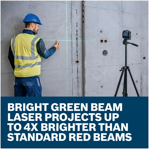 Features/Claims of Bosch GLL50-20G Self-Leveling Cross-Line Laser with application and text on blue background.
