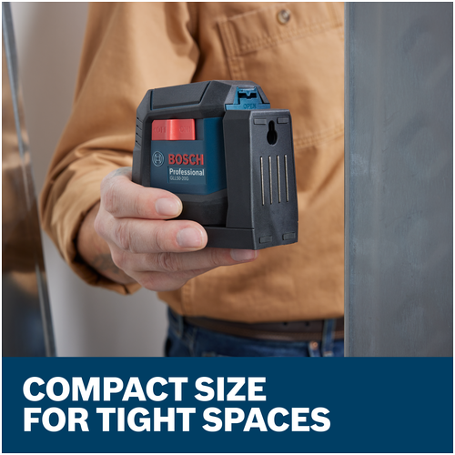Features/Claims of Bosch GLL50-20G Self-Leveling Cross-Line Laser with application and text on blue background.