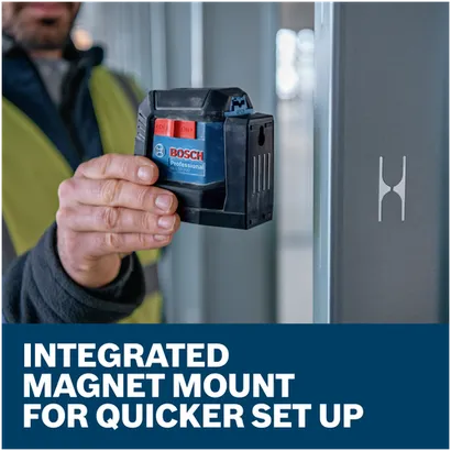 Features/Claims of Bosch GLL50-20G Self-Leveling Cross-Line Laser with application and text on blue background.