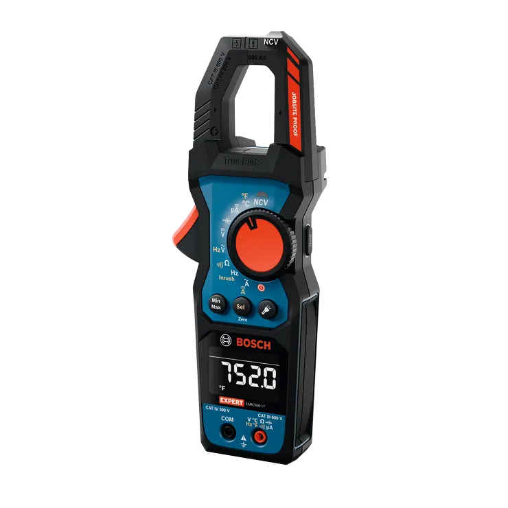 Product Image Dynamic of Bosch EXMC600-17 True RMS Clamp Meter on a white background.