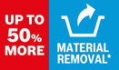 "UP TO 50% MORE MATERIAL REMOVAL*" shown in a split red and blue graphic icon.