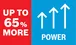 "UP TO 65% MORE POWER *" shown in a split red and blue graphic icon.