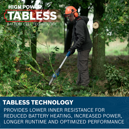 A worker using the Bosch GKE18V-25TP 18V 10 In. Pole Chainsaw to cut tree branches in an outdoor wooded area.