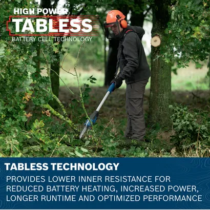A worker using the Bosch GKE18V-25TP 18V 10 In. Pole Chainsaw to cut tree branches in an outdoor wooded area.