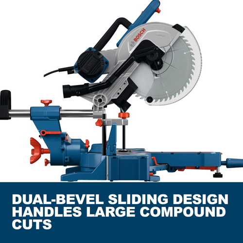 Web Image of Bosch GCM340-305D 12 In. Dual-Bevel Slide Miter Saw with features and applications.