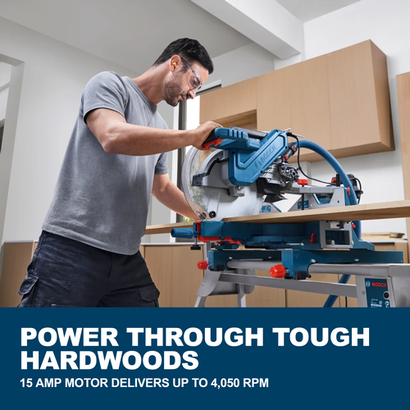 Web Image of Bosch GCM340-305D 12 In. Dual-Bevel Slide Miter Saw with features and applications.