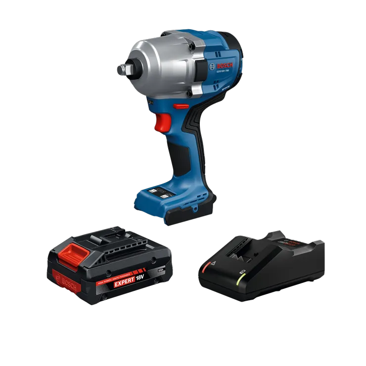 Dynamic Image of Bosch GDS18V-780B14X 18V Brushless ½ In. Mid-Torque Impact Wrench Kit on a white background.