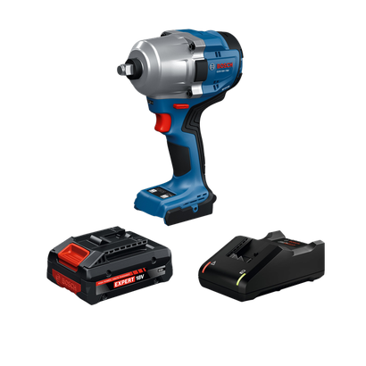 Dynamic Image of Bosch GDS18V-780B14X 18V Brushless ½ In. Mid-Torque Impact Wrench Kit on a white background.