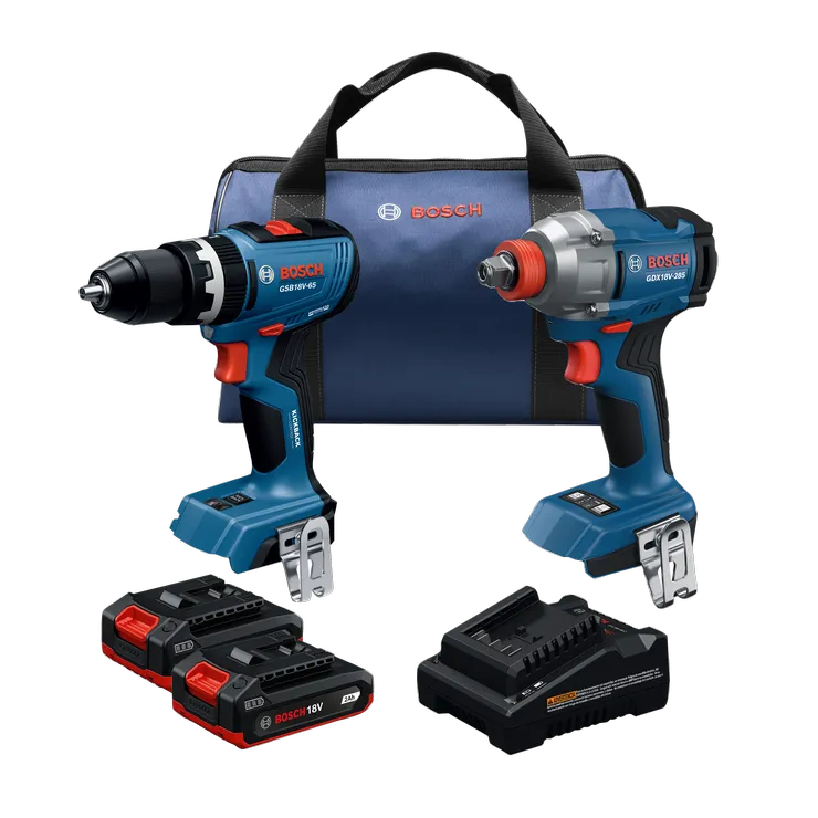 Product Image Dynamic of Bosch GXL18V-28B22 18V 2-Tool Combo Kit on a white background.