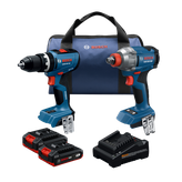 Product Image Dynamic of Bosch GXL18V-28B22 18V 2-Tool Combo Kit on a white background.