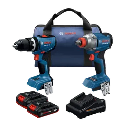 Product Image Dynamic of Bosch GXL18V-28B22 18V 2-Tool Combo Kit on a white background.