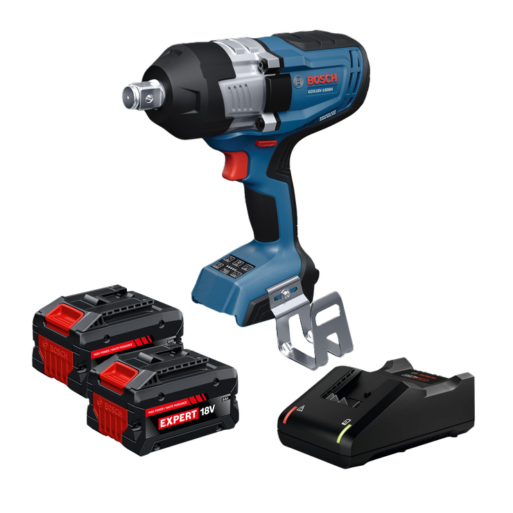 Dynamic Image of Bosch GDS18V-1600HB28X 18V Impact Wrench Kit on white background.