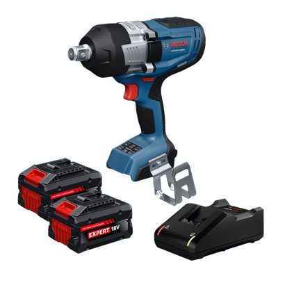 Dynamic Image of Bosch GDS18V-1600HB28X 18V Impact Wrench Kit on white background.