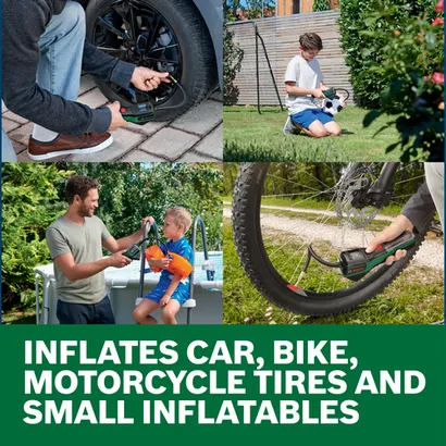Web Image of Bosch PNEO 4V Max Air Pump being used by a homeowner on bicycle.