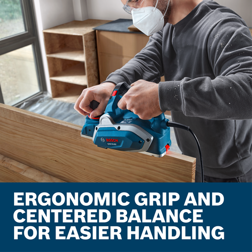 Web Image with features and image of worker using the Bosch GHO16-82 3-1/4" 5.5Amp Planer on a workshop.