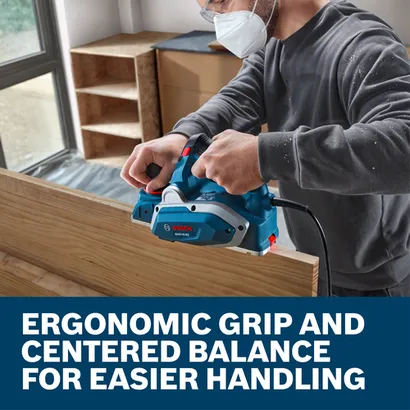 Web Image with features and image of worker using the Bosch GHO16-82 3-1/4" 5.5Amp Planer on a workshop.