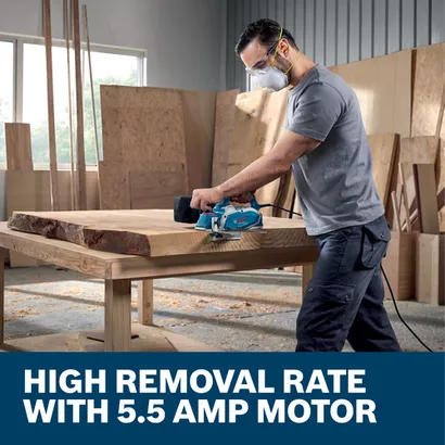 Web Image with features and image of worker using the Bosch GHO16-82 3-1/4" 5.5Amp Planer on a workshop.