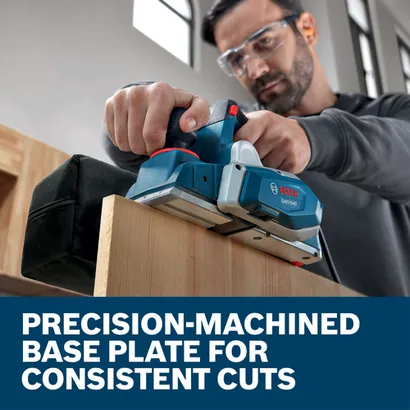 Web Image with features and image of worker using the Bosch GHO16-82 3-1/4" 5.5Amp Planer on workshop.