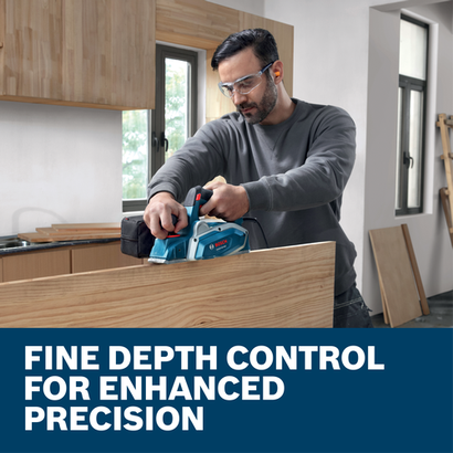 Web Image with features and image of worker using the Bosch GHO16-82 3-1/4" 5.5Amp Planer on workshop.