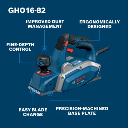 Walkaround Image of Bosch GHO16-82 3-1/4" 5.5Amp Planer on a blue background.