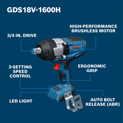 Walkaround of Bosch GDS18V-1600H 18V 3/4 In. High-Torque Impact Wrench with features on a blue background.
