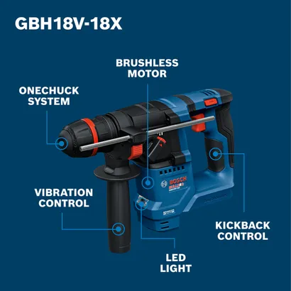 Walkaround Image of Bosch GBH18V-18X 5/8 In. SDS-plus ONECHUCK Rotary Hammer on a blue background.