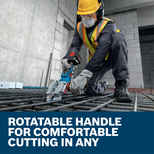 Web Image with features and worker using the Bosch GBC18V-32PSN16X 18V Brushless 1-1/4 In. Rebar Cutter.