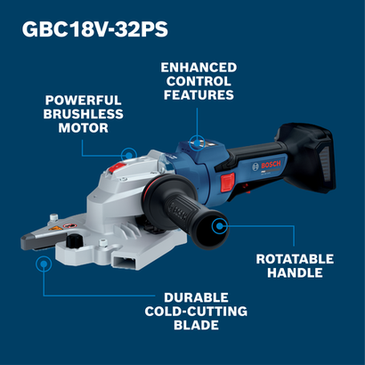 Walkaround Image of Bosch GBC18V-32PSN16X 18V Brushless 1-1/4 In. Rebar Cutter on a blue background.