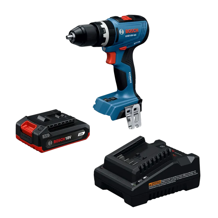 Dynamic Image of Bosch GSR18V-52B12 18V Drill/Driver Kit with Battery and Charger.