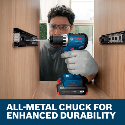 Web Image of worker using the Bosch GSR18V-52 18V Brushless 1/2 In. Drill/Driver with features.