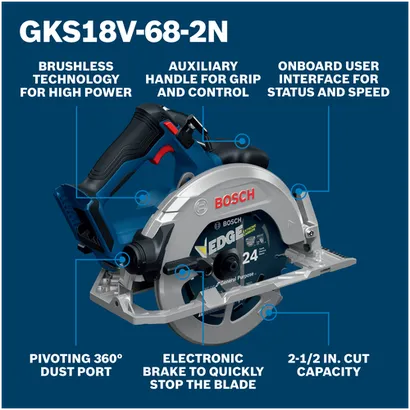 Bosch cordless circular saw GKS18V-68-2N with 24-tooth blade, auxiliary handle, pivoting dust port, electronic brake and UI.