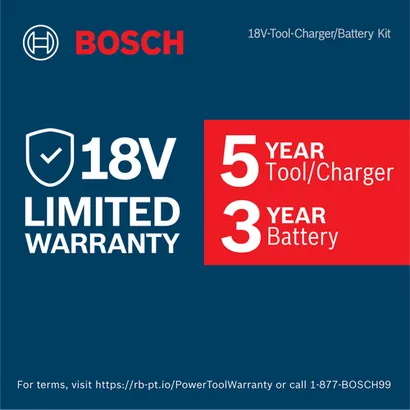 Warranty Image of Bosch GXL18V-498B22 18V 4-Tool Combo Kit on a blue background.