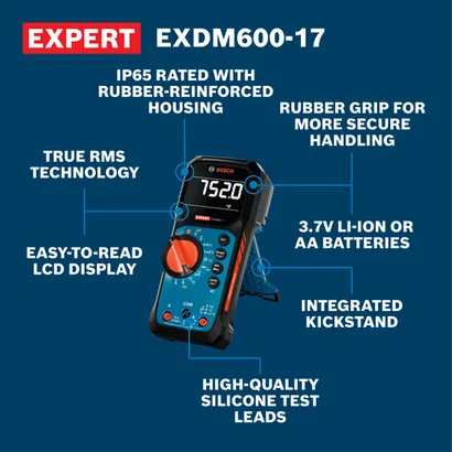 Walkaround Image of Bosch EXDM600-17 EXPERT True RMS Digital Multimeter with features.