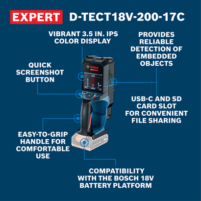 Walkaround Image of Bosch D-TECT18V-200-17C EXPERT 18V Floor & Wall Scanner​ with features.