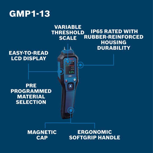 Walkaround Image of Bosch GMP1-13 Pin-Type Moisture Meter with features on a blue background.