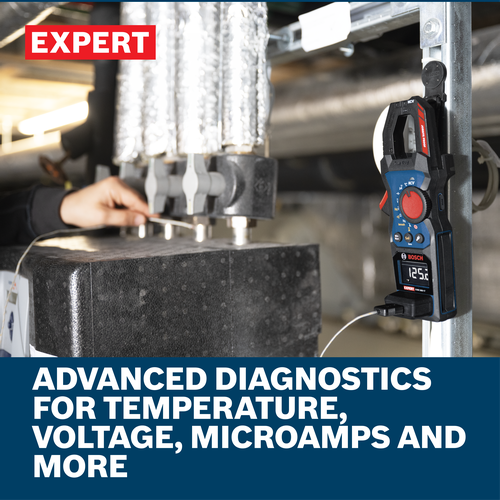 Web Image of Bosch EXMC600-17 EXPERT True RMS Clamp Meter with features.