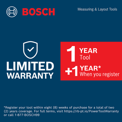 Warranty Badge Image of Bosch Measuring Tools on a blue background.