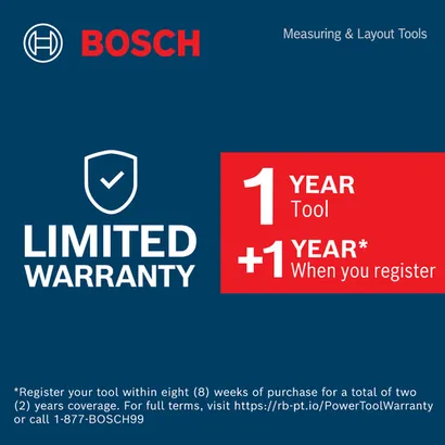 Warranty Badge Image of Bosch Measuring Tools on a blue background.