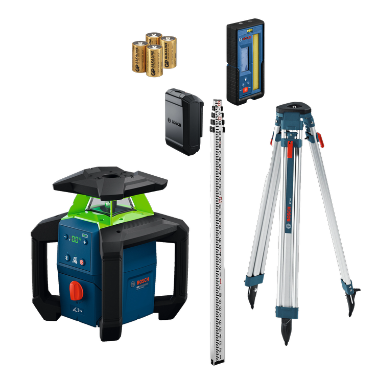 Dynamic Image of Bosch GRL18V-34NK 18V Horizontal/Vertical Rotary Laser Kit with accessories.