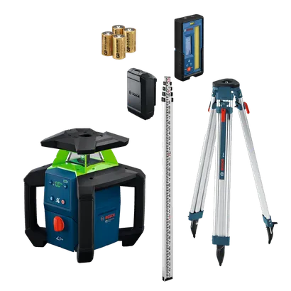 Dynamic Image of Bosch GRL18V-34NK 18V Horizontal/Vertical Rotary Laser Kit with accessories.