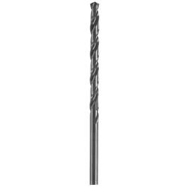 Black drill bit with spiral flutes and a cylindrical shank.